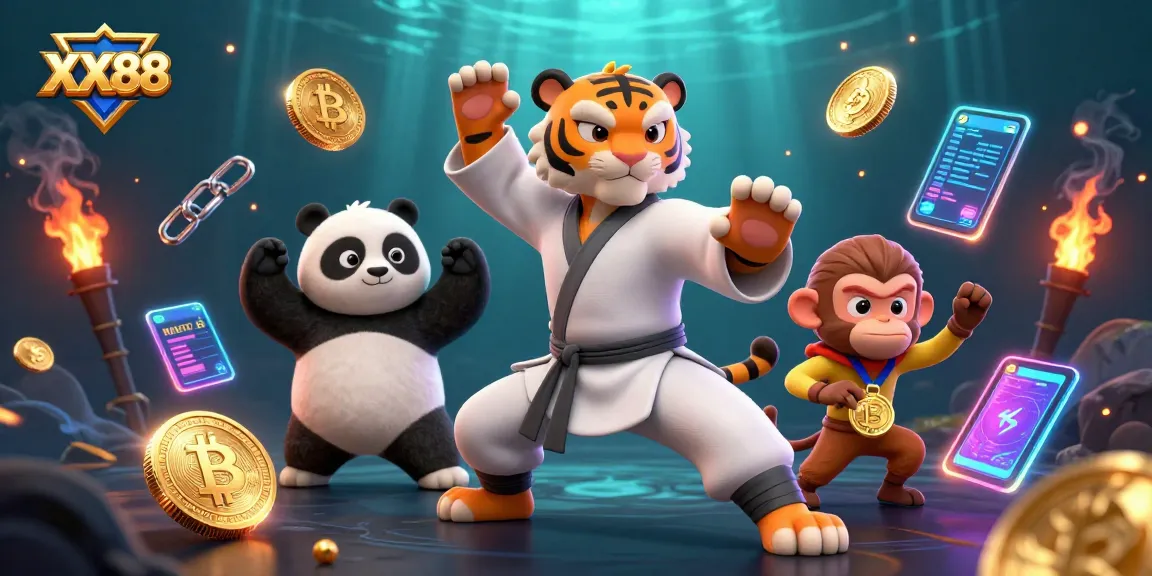 Engage with XX88's dynamic casino world featuring a kung fu tiger, panda disciple, and mischievous monkey, amidst vibrant gaming elements.