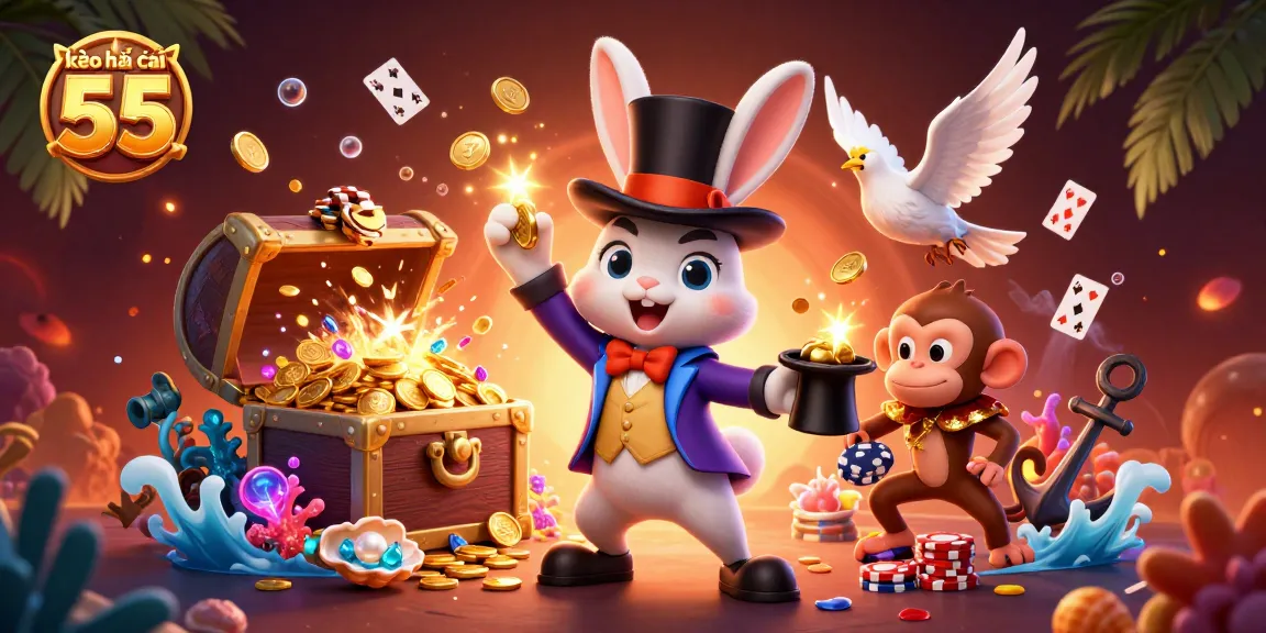 Engaging scene of kèo nhà cái 55 with a magician rabbit, dove, and monkey, showcasing dynamic gaming elements.