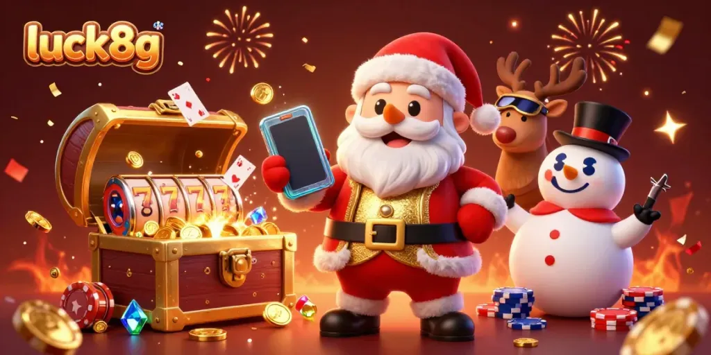 Experience excitement with luck8g as Santa and friends celebrate jackpots in a vibrant casino scene.