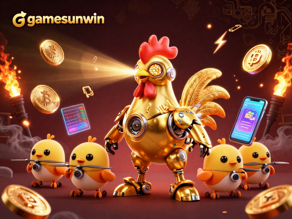 Engage in thrilling gamesunwin action with a golden rooster robot and crypto elements