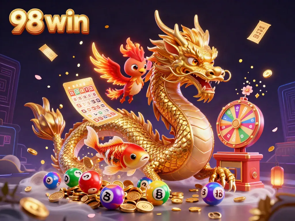 Engage in thrilling gameplay at 98 win with a vibrant scene featuring dynamic lottery elements and mythical creatures.