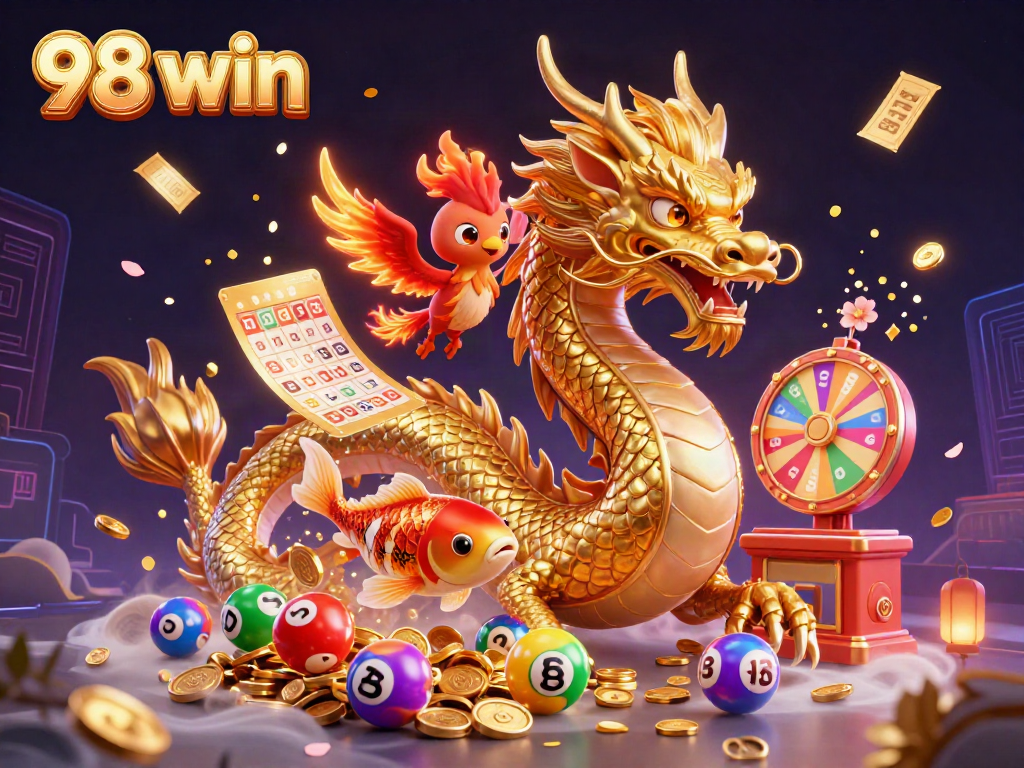 Engage in thrilling gameplay at 98 win with a vibrant scene featuring dynamic lottery elements and mythical creatures.