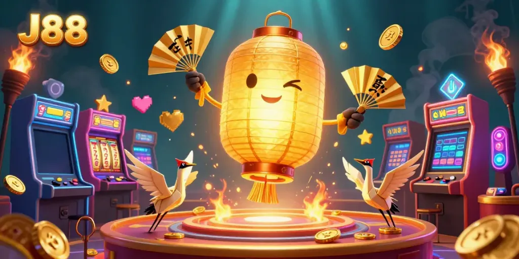 Engage in thrilling casino adventures with J88, featuring a golden lantern spirit amidst exciting slot games.