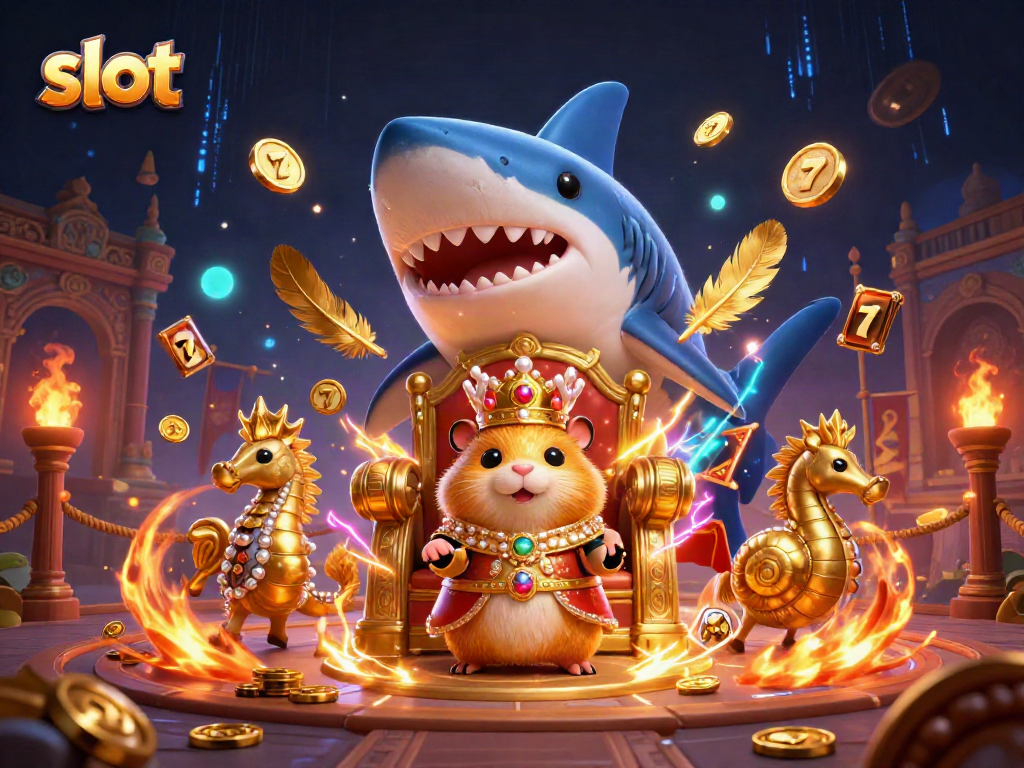 Spin the slot reels with a fierce hamster king amidst golden coins in a vibrant casino arena.