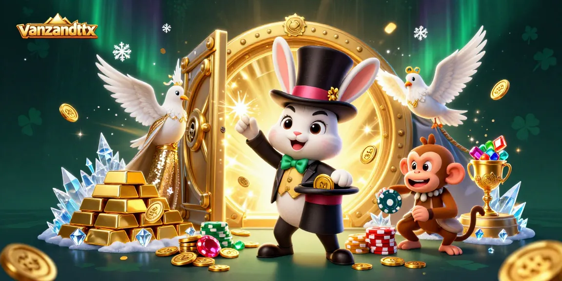 Experience the excitement of vanzandttx with a lively 3D illustration depicting a magician rabbit and dazzling casino elements.