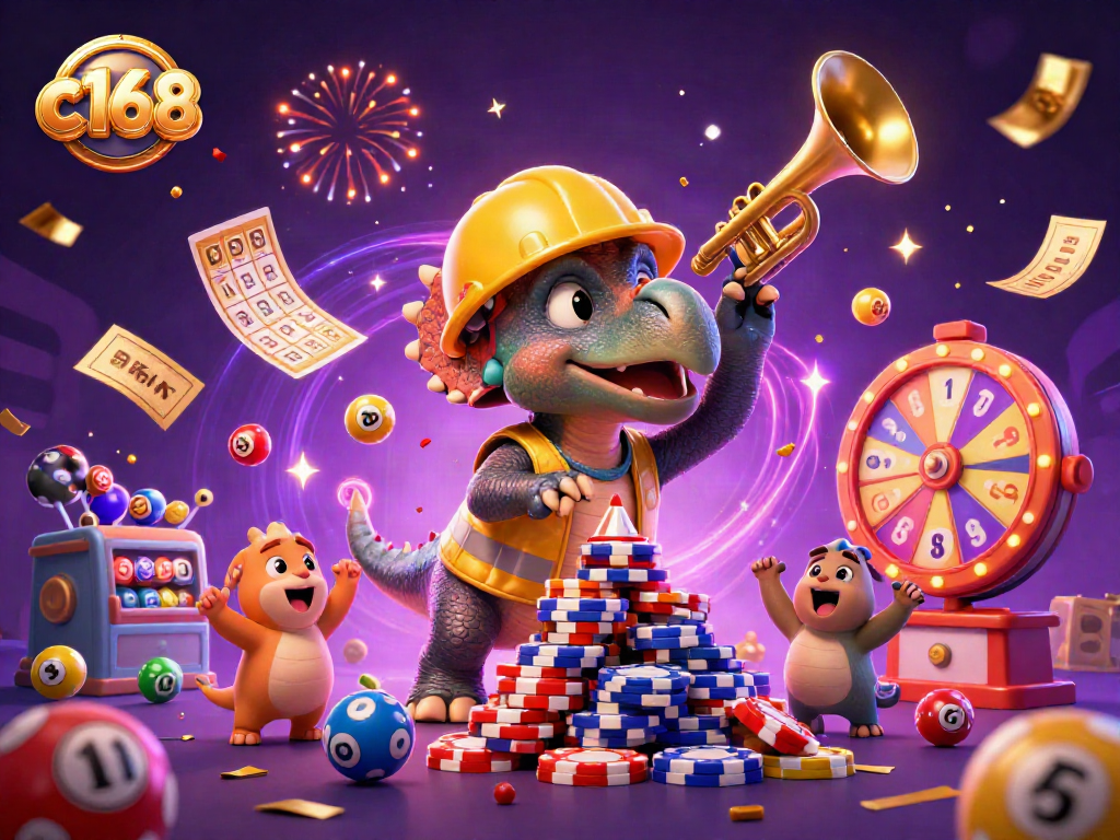 Experience the excitement of c168 with vibrant gaming elements and dynamic characters in this festive illustration.