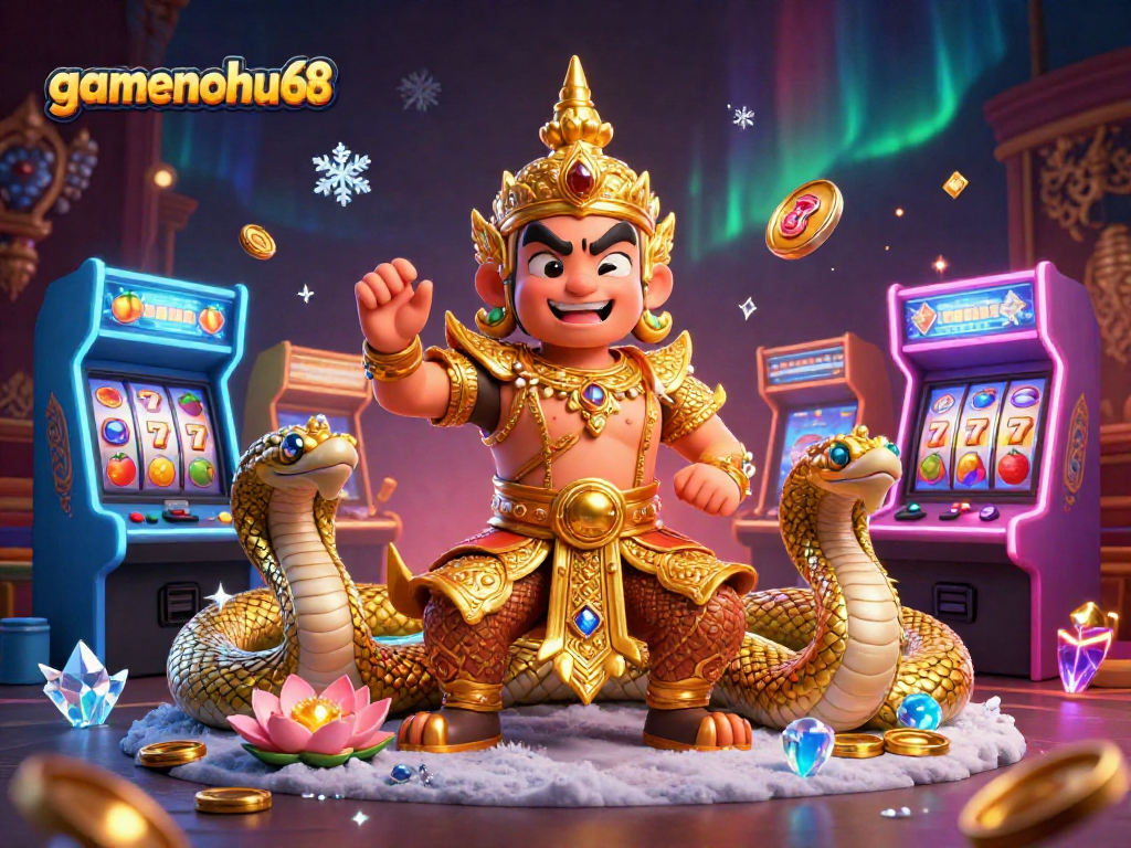 Experience the excitement of gamenohu68 as the Thai temple guardian and Naga serpents surround slot machines and gaming elements.