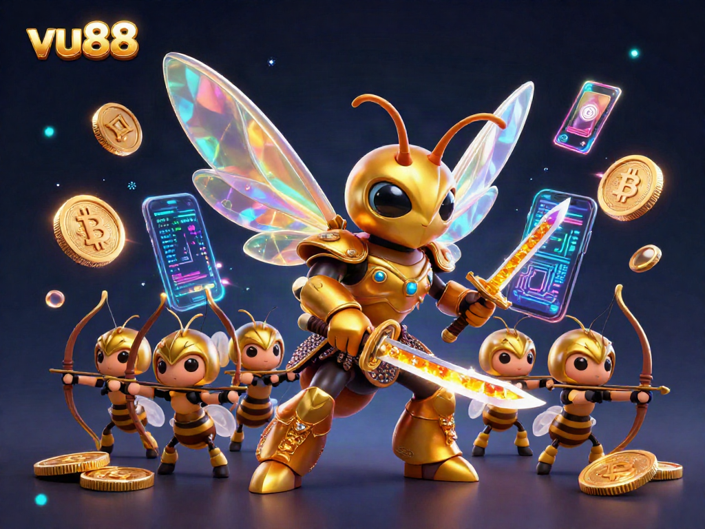 Engage with unique crypto gaming elements at vu88 with a vibrant 3D casino illustration.