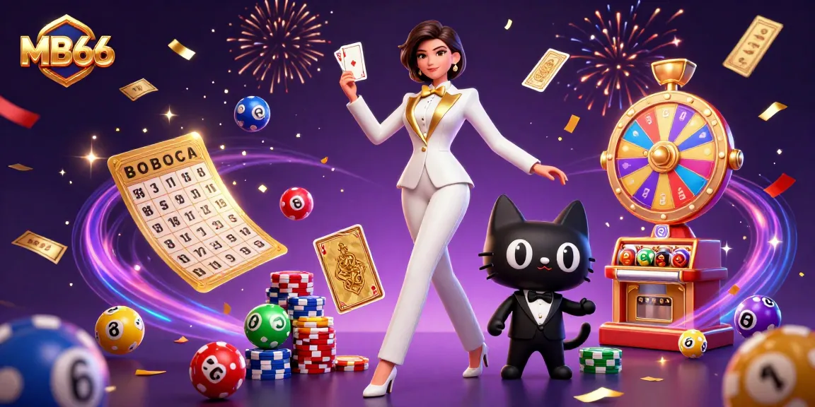 Shuffling cards at MB66, a glamorous woman in tuxedo brings excitement to the casino scene.
