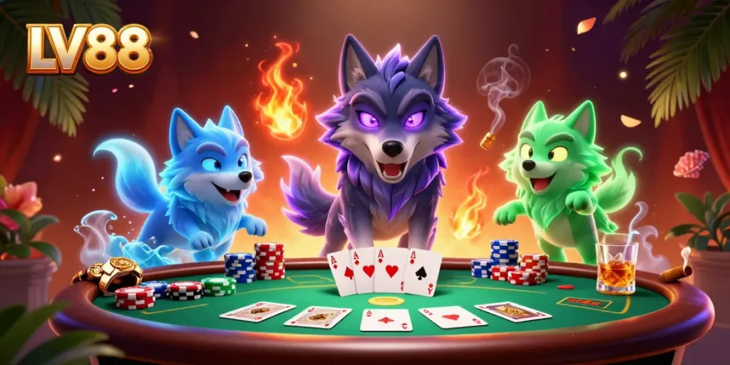 Experience thrilling gameplay at LV88 with vibrant graphics featuring poker elements and mystical wolf characters.