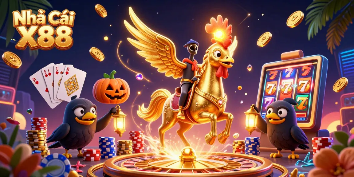 Experience thrilling moments at Nhà Cái X88 with golden rooster and casino features in a vibrant scene.