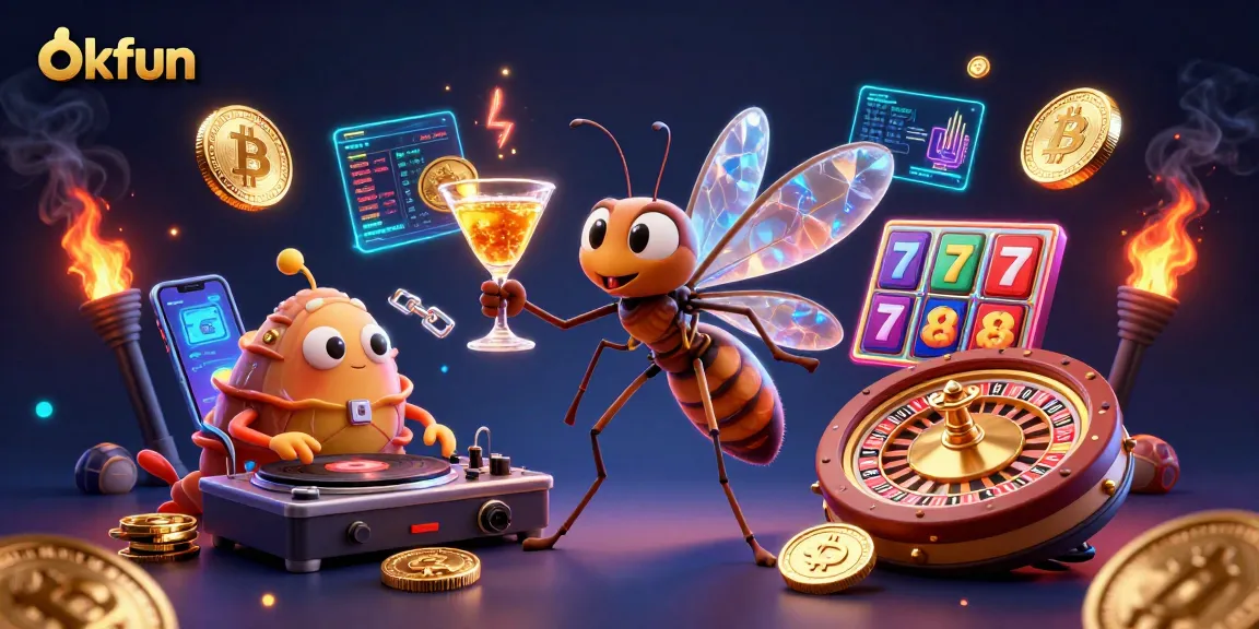 Engage with okfun's vibrant casino scene showcasing a frozen mosquito mascot, trilobite DJ, and golden roulette wheel.