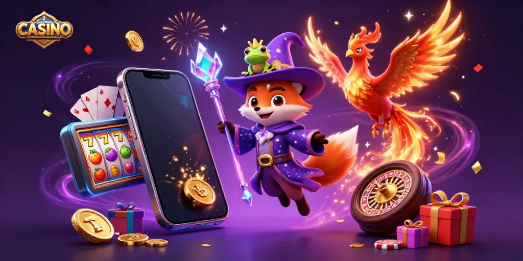 Experience the thrilling world of CASINO gaming with a magical illustration featuring a wizard fox, phoenix, and enchanting gaming elements.