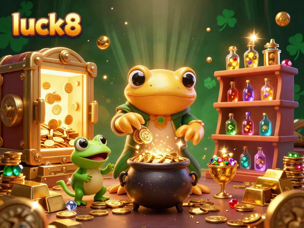 Experience winning moments with luck8’s vibrant casino magic featuring golden coins and joyful characters.