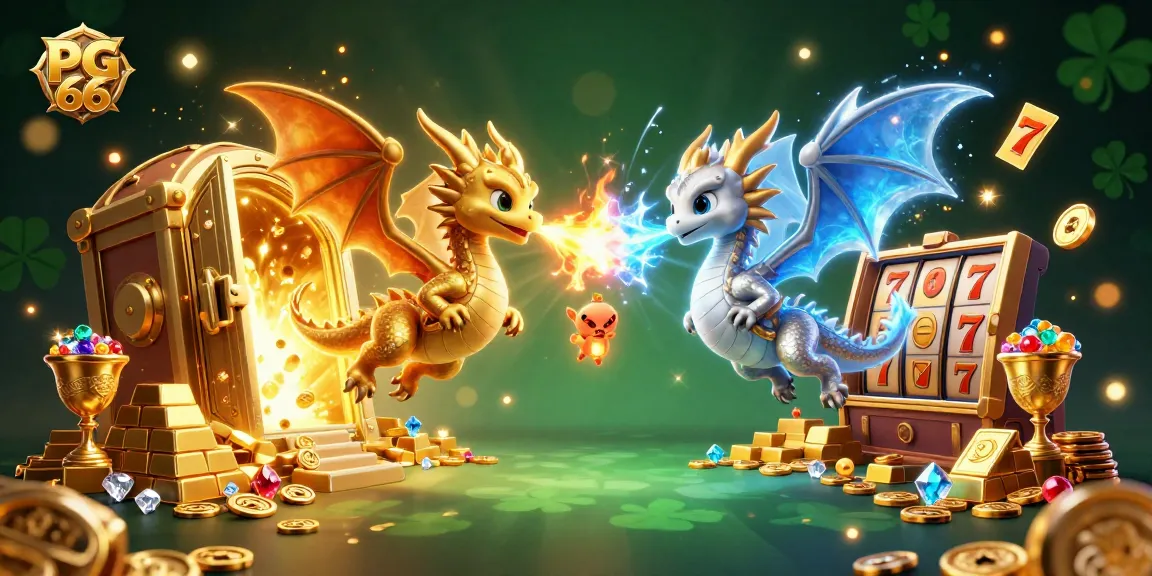 Engage with PG 66 as golden and silver dragons intertwine amidst vibrant casino elements.