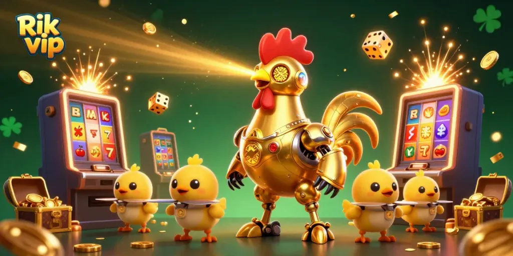 Engage with the vibrant world of Rik vip, featuring unique game elements and a dynamic 3D illustration.