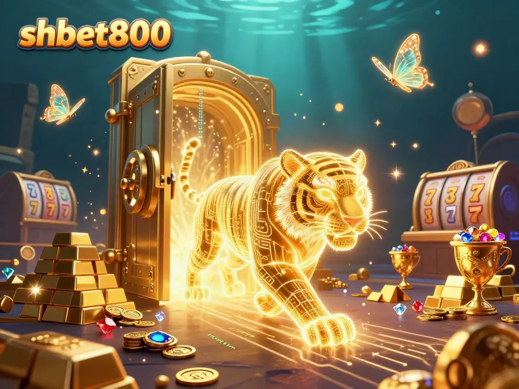 Engage with shbet800’s vibrant digital casino scene featuring a neon tiger and slot machines.