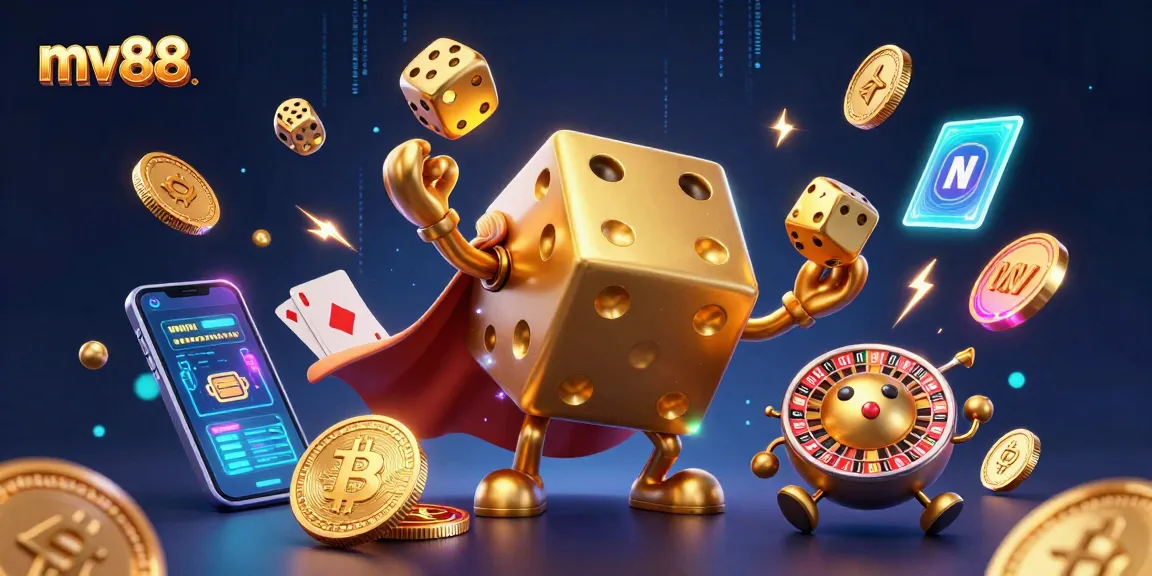 Experience the excitement at mv88 with golden dice characters and vibrant casino elements.