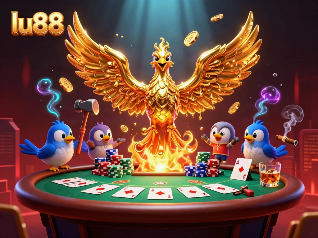 Experience thrilling gaming with lu88's stunning phoenix rising from molten gold amidst vibrant casino elements.