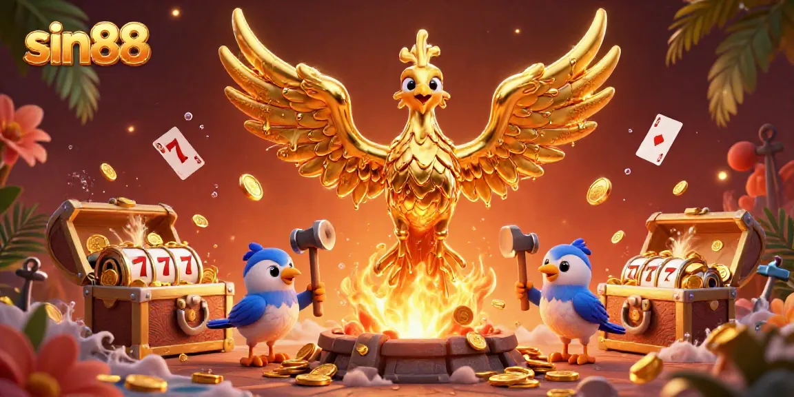 Engage with sin88's dazzling 3D phoenix rising from gold coins, capturing the excitement of gaming.