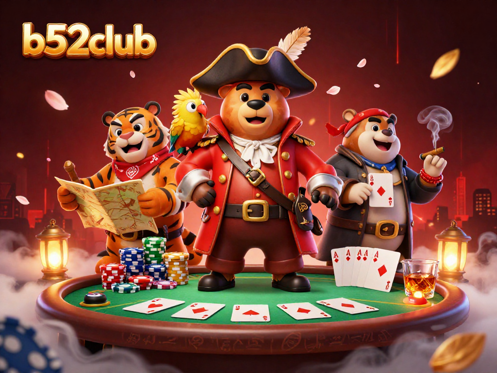 Engage with b52club's vibrant casino theme featuring a pirate captain bear, fierce tiger, and immersive poker scene.