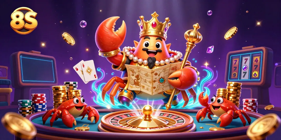 Experience the thrill of 8S in this vibrant illustration featuring a golden crab emperor among casino riches.