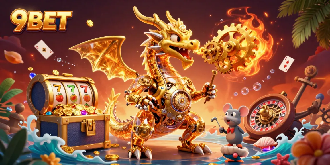Engage with 9BET's thrilling world featuring a golden dragon and exciting slots in a vibrant casino scene.