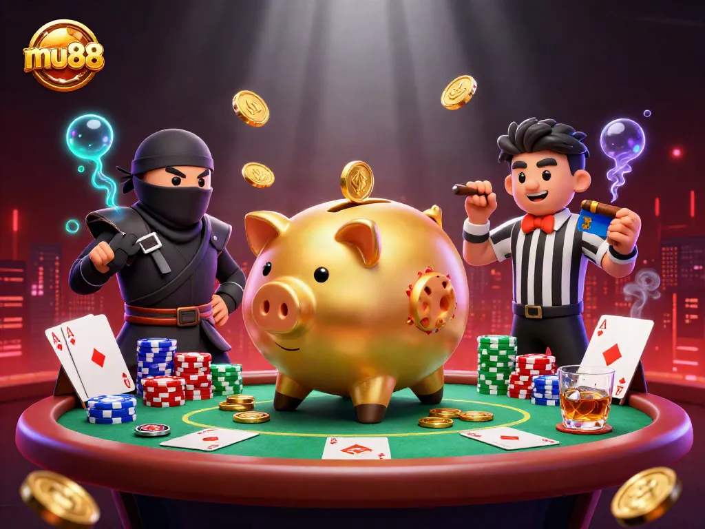 Watch mu88's golden piggy bank sumo wrestler stomp and distribute coins in an energetic poker scene.