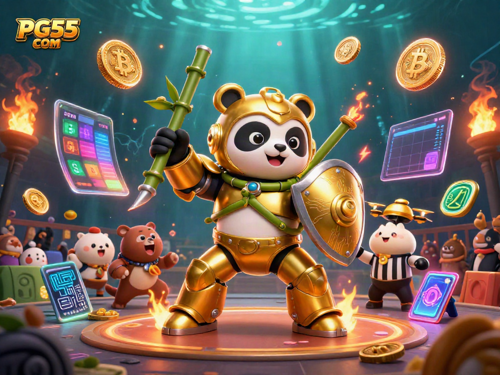 Engage in winning strategies at PG55 COM with a captivating casino scene featuring 3D characters and vibrant game symbols.