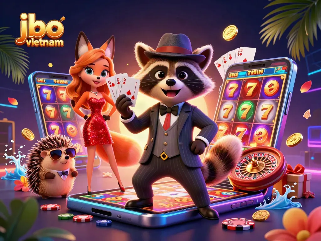 Engage in thrilling gameplay with JBO Vietnam's vibrant casino scene featuring a charming raccoon, fox lady, and hedgehog bouncer.