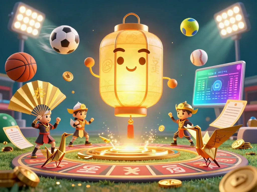 Engage with kèo nhà cái as a golden lantern spirit charms a thrilling sports betting scene with vibrant elements.