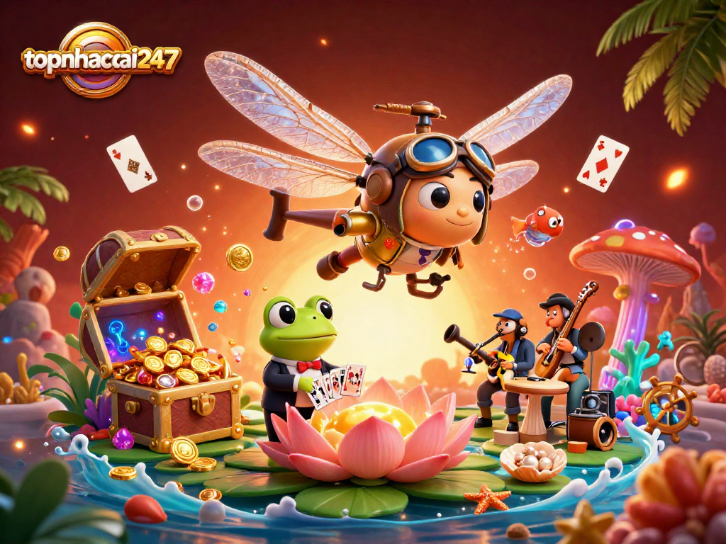 Experience thrilling gameplay at topnhacai247 with a vibrant casino scene featuring a cartoon dragonfly pilot.