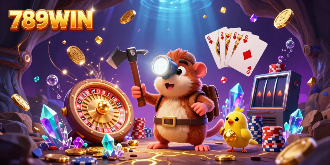 Experience thrilling wins at 789WIN with the treasure hunter mole and canary in a vibrant casino scene.