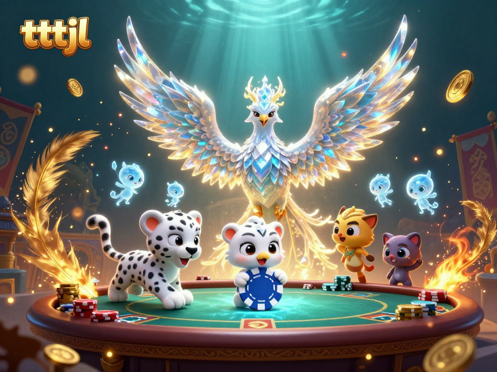 Engage in thrilling poker action with tttjl's sparkling ice phoenix and playful snow leopard scene.