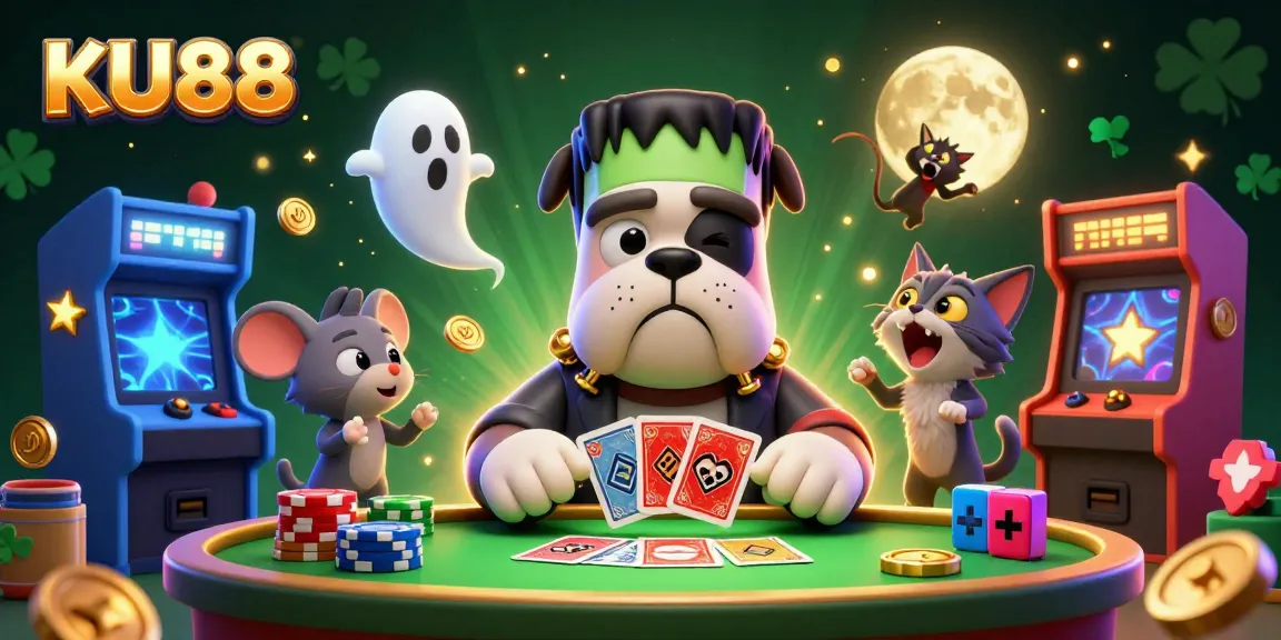 Engage with KU88 as a whimsical Frankenstein bulldog dealer amidst vibrant casino elements.