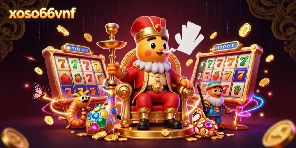 Engage with xoso66vnf's vibrant casino scene featuring a whimsical caterpillar in a sultan outfit amidst slot reels.