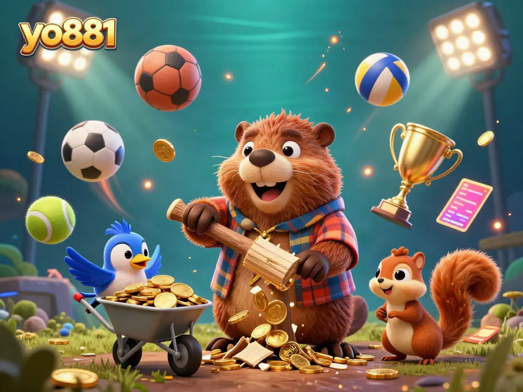 A dynamic illustration featuring characters celebrating the thrill of jackpot gaming on yo881 with golden coins, trophies, and sports elements.