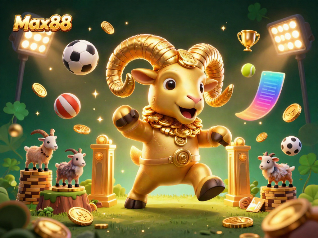 Max88 showcases an electrifying 3D scene with a golden ram charging through a casino gate amidst dynamic sports elements.
