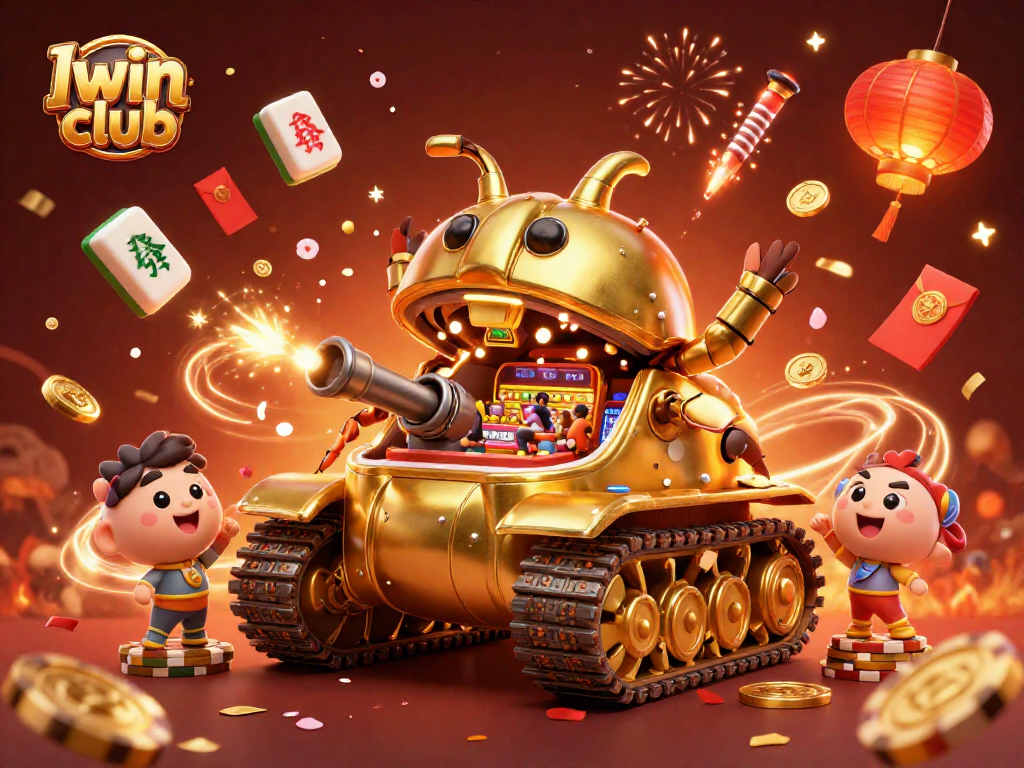Iwin club showcases a vibrant celebration scene featuring a massive golden beetle tank casino bursting with confetti and exciting game elements.