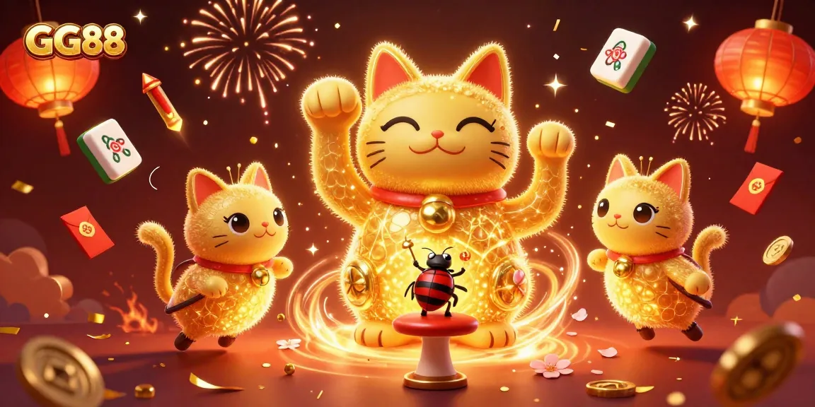 Play exciting games at GG88 as a lucky cat waves around vibrant casino icons.
