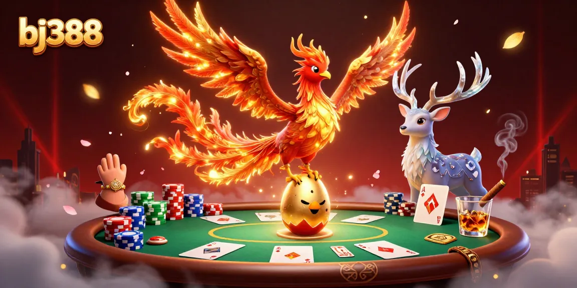 Experience thrilling bets at bj388 with a phoenix and stag amidst vibrant casino elements