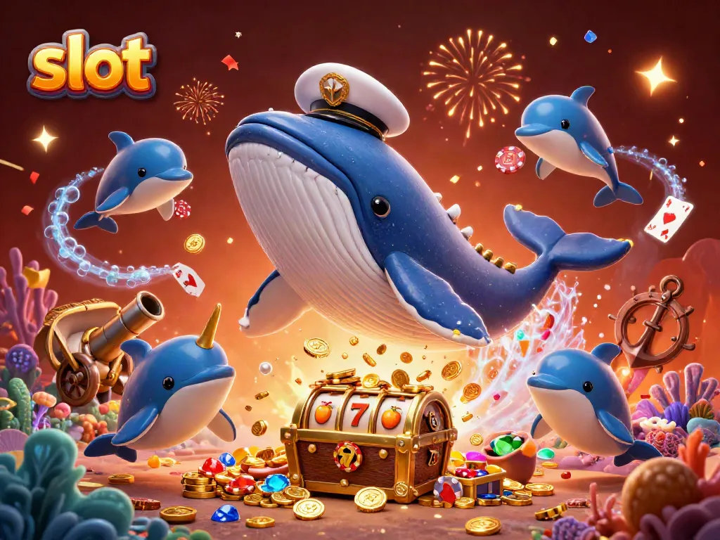 Watch a gigantic whale and dolphins playfully engaging in a colorful slot-themed underwater world filled with riches.