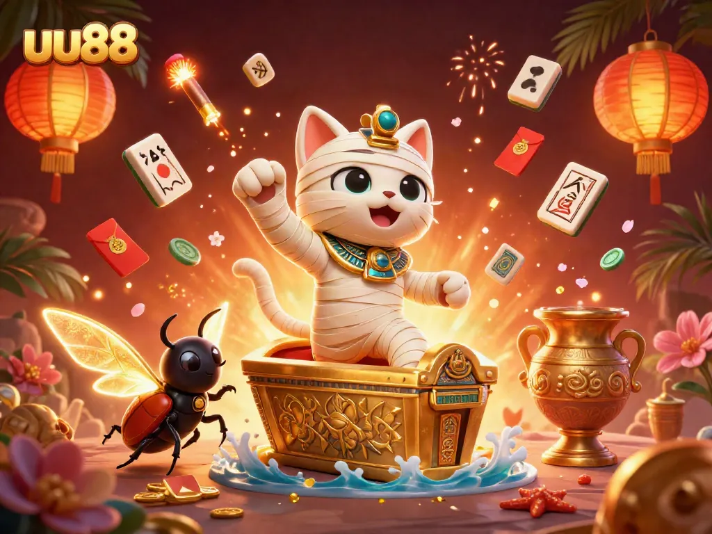 Experience thrilling gaming adventures with uu88 featuring vibrant 3D illustrations of a mummy cat in a pyramid casino.