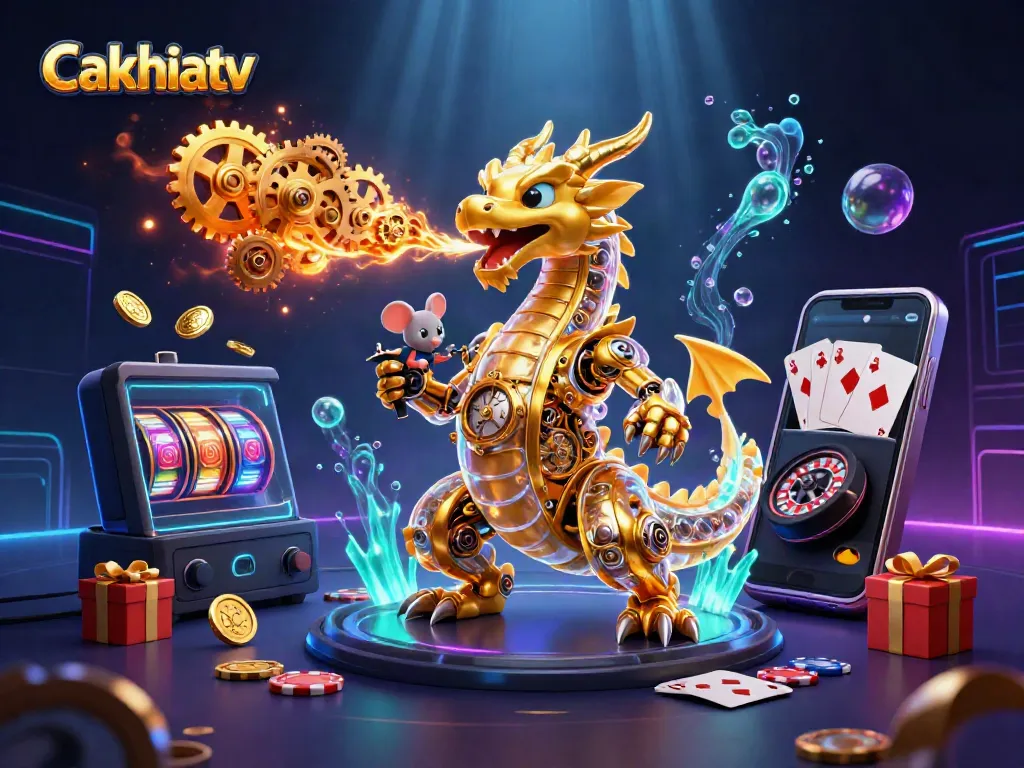 Cakhiatv presents an engaging scene with a golden dragon and playful gaming elements highlighting interactive slots.