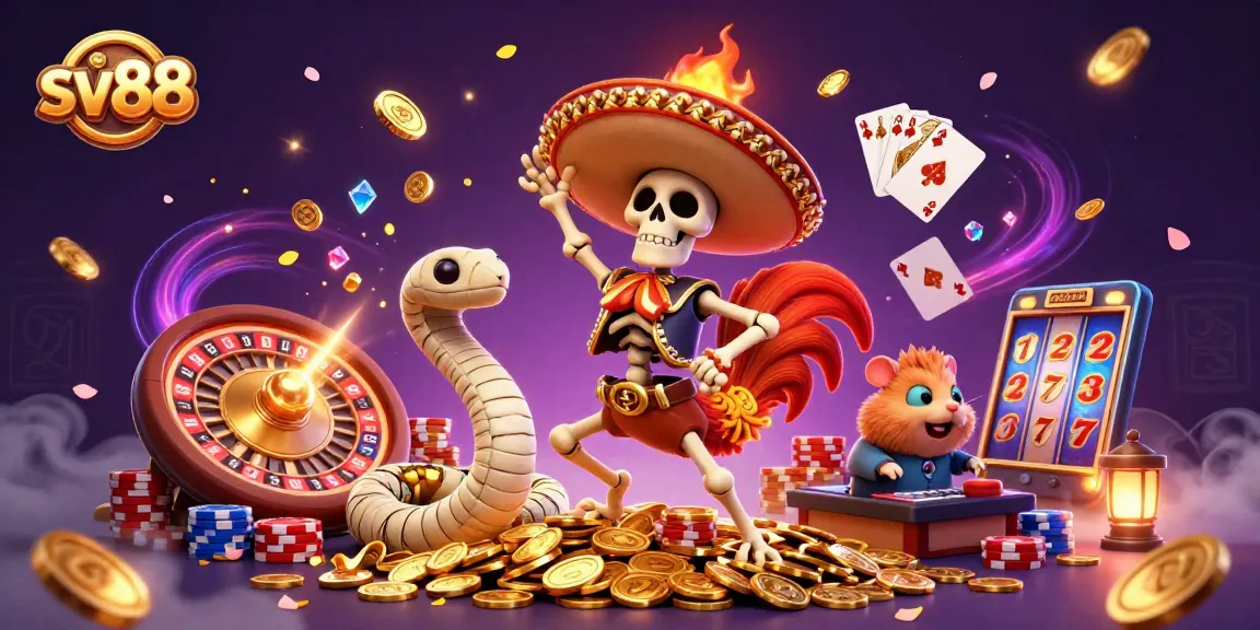 Win big with sv88: celebrate on a golden coin pile with vibrant casino characters!