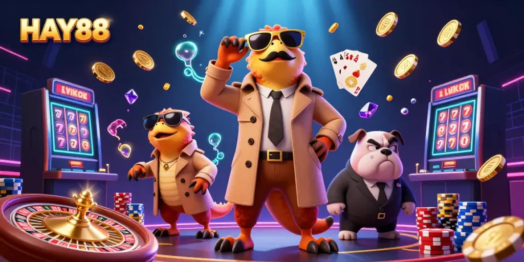 Experience the excitement of HAY88 with cartoon raptors sneaking into a VIP casino lounge amidst sparkling gems and golden coins.