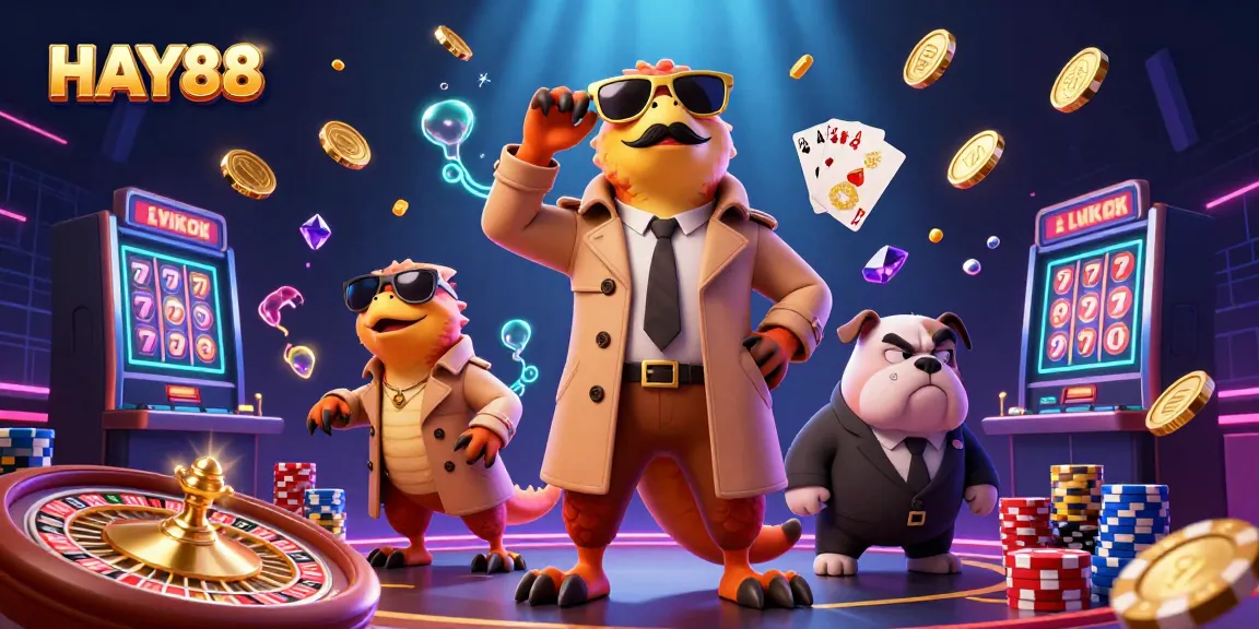Experience the excitement of HAY88 with cartoon raptors sneaking into a VIP casino lounge amidst sparkling gems and golden coins.