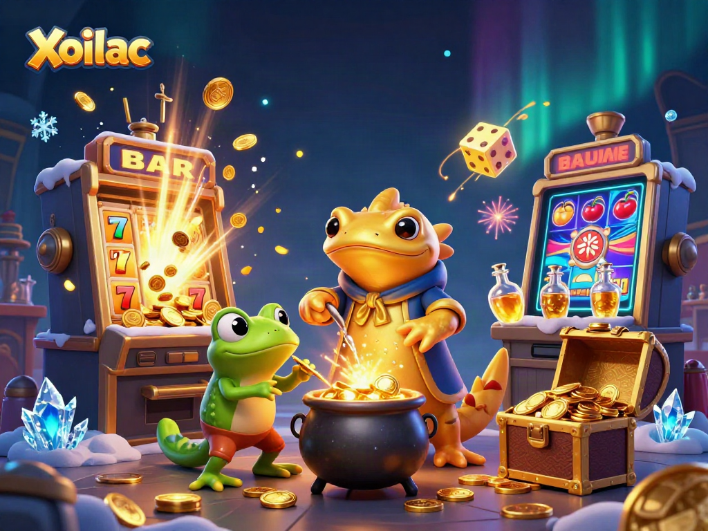 Xoilac showcases a golden salamander alchemist amidst a dynamic casino scene filled with gold coins and jackpots.