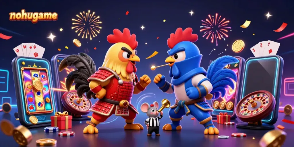 Engage in thrilling action with nohugame featuring a standoff between armor-clad roosters amidst gold coins and slot games.