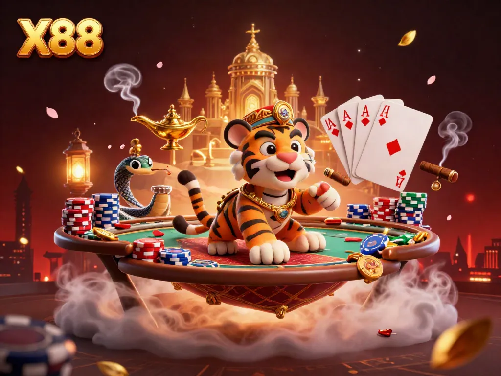 Engage in thrilling casino adventures with X88's vibrant tiger sultan illustrated in an exciting gaming scene.